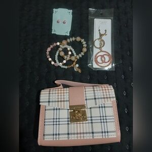 Pink Kid's Accessory Set- Bag. Earrings. Keychain. Bracelets.